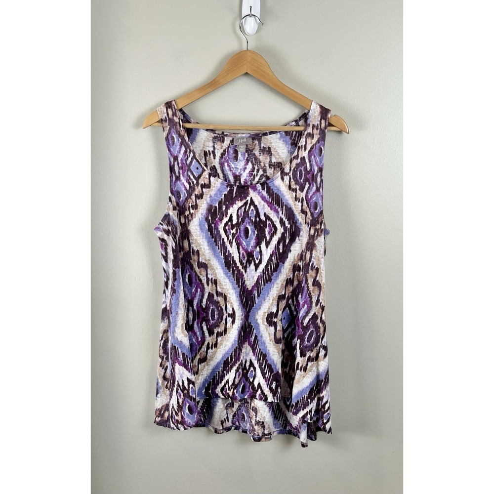 J Jill Women's Sz M Linen Tank Top Stretch  Purple Brown Geo Print Scoop Knit‎